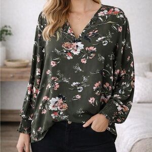 Fun 2 Fun Floral V-Neck Blouse - Olive and Pink
